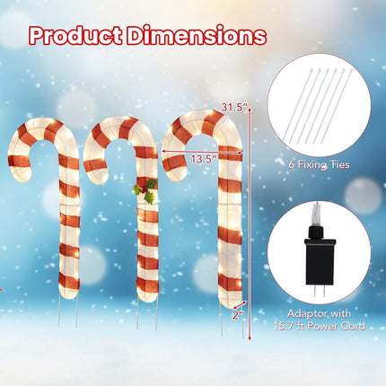 Dreamade Lighted Candy Canes, Set of 3 Christmas Tinsel Candy Cane Decoration with 75 Warm White LED Lights