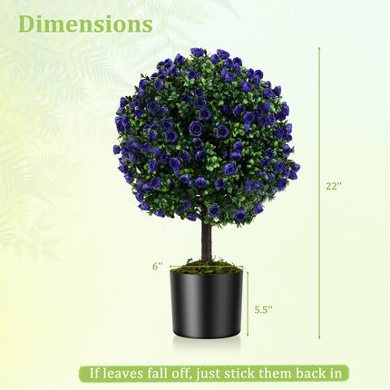 Dreamade 22'' Artificial Purple Rose Topiary Ball Tree Set of 2 Faux Potted Plants Artificial Shrubs Bushes with Flowers