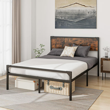 Dreamade Full Size Bed Frame with Rustic Headboard & Footboard, Strong Metal Slat Support Mattress Foundation