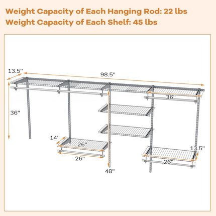 Dreamade Closet Organizer System Wall-mounted Custom Closet Kit w/Adjustable Storage Shelves