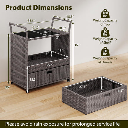 Dreamade Rolling Wicker Cart W/Shelves and Big Drawer for Dining Room