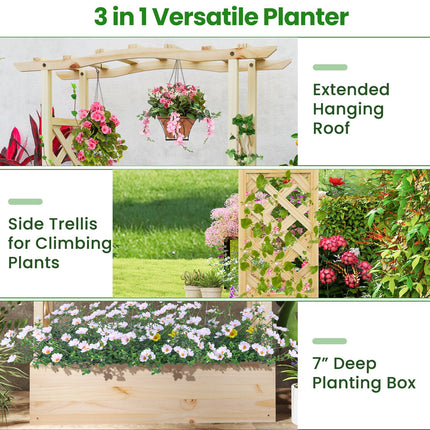 Dreamade Raised Garden Bed with Sided Trellis & Hanging Roof, Wood Planter Box, 44”x14”x45” (L x W x H)