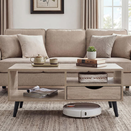 Dreamade Wood Coffee Table with Storage Drawer 36.5 Inch Rustic Center Table