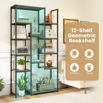 Dreamade 71" Geometric Bookshelf | Vintage Tall Bookcase w/ 12 Open Shelves