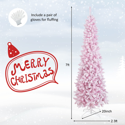 Dreamade 7ft Pre-Lit Pencil Christmas Tree, Snow Flocked Artificial Slim Tree with 800 Branch Tips - DreamadeUS