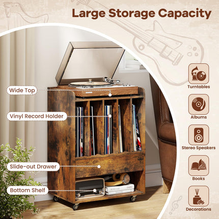 Dreamade Record Player Stand Rolling Turntable Stand with Drawer & Lockable Wheels