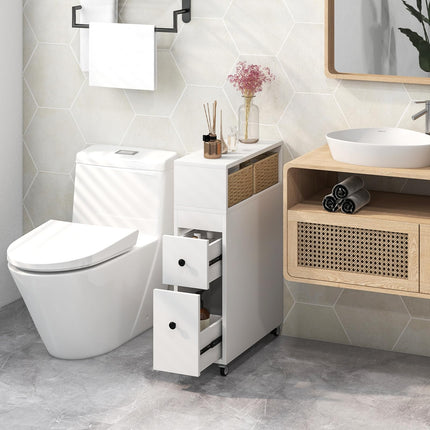 Dreamade Small Bathroom Storage Cabinet - Slim Bathroom Organizer with Wheels, 2 Drawers, 2 Baskets