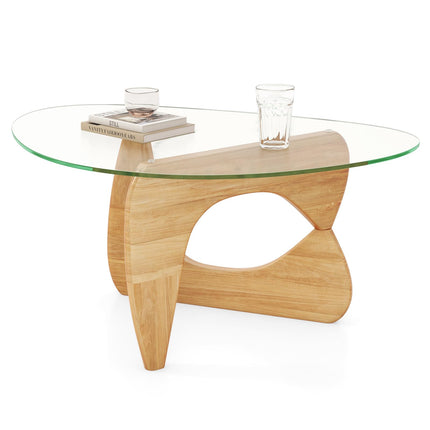 Dreamade Triangle Glass Coffee Table, Solid Wood Tea Table with Tempered Glass Top & Adjustable Base