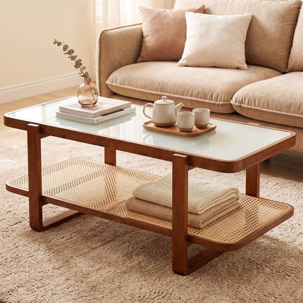 Dreamade Rattan Coffee Table | 41.5" Farmhouse Center Table with Storage & Frosted Tempered Glass