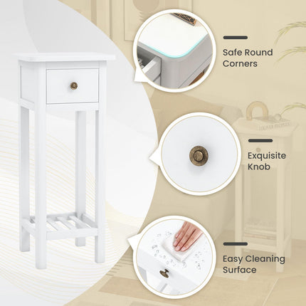 Dreamade Narrow End Table with Drawer, Tall Acacia Wood Side Table with Bottom Shelf, Modern Bedside Tables