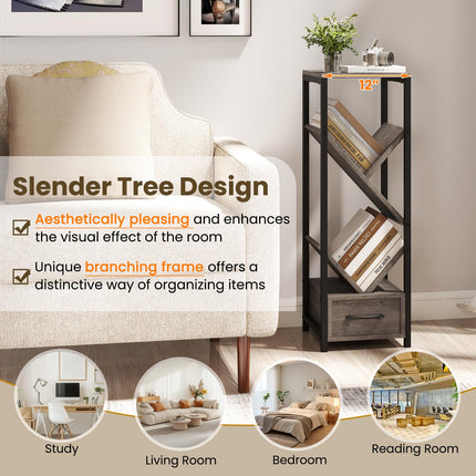 Dreamade Tree Bookshelf with Drawer, 4-Tier Narrow Bookcase with Metal Frame, Tall Floor Standing Storage Organizer for Small Space