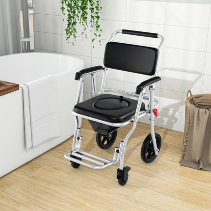 Dreamade Bedside Commode Wheelchair for Toilet - Foldable Shower Chair with Arms, Lockable Casters