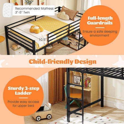 Dreamade Low Loft Bed Twin Size Heavy Duty Metal Frame w/Storage Shelves