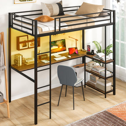 Dreamade Twin Loft Bed with L-Shaped Desk, Metal Loft Bed Frame with LED Lights