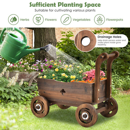 Dreamade Wooden Wagon Planter Raised Bed on Wheels, Handle, Drainage Hole