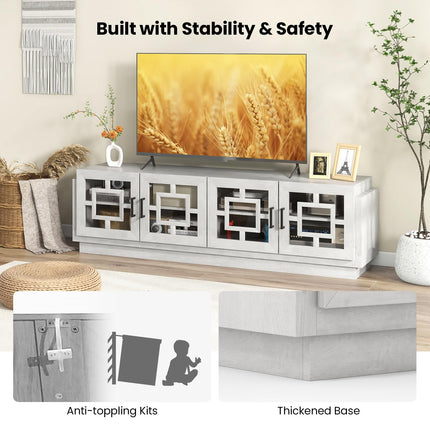 Dreamade Farmhouse TV Stand for TVs up to 75”, 4-Door Glass Entertainment Center with 2 Cabinets