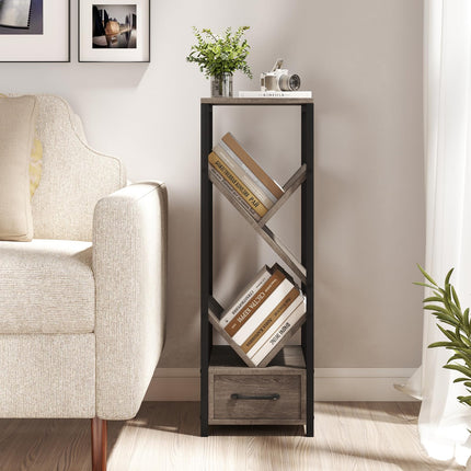 Dreamade Tree Bookshelf with Drawer, 4-Tier Narrow Bookcase with Metal Frame, Tall Floor Standing Storage Organizer for Small Space
