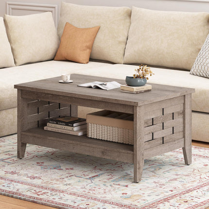 Dreamade 2-Tier Farmhouse Coffee Table with Open Shelf and Woven Decorations for Living Room