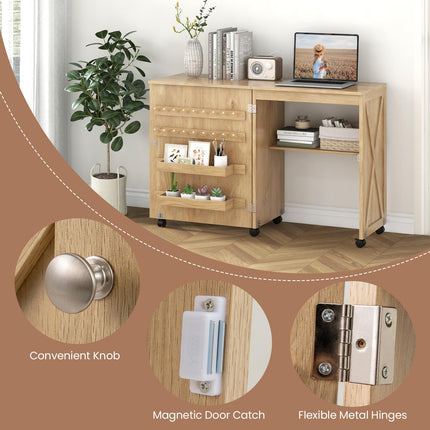Dreamade Folding Sewing Table - Farmhouse Sewing Machine Cabinet with Barn Door