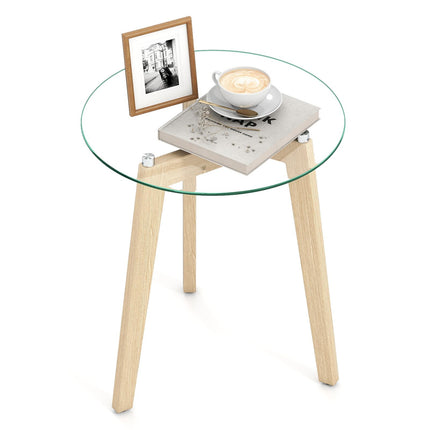 Dreamade Glass Round Side Table w/Tempered Glass Top & Rubber Wood Frame