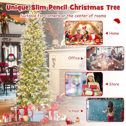 Dreamade 9 FT Pre-Lit Pencil Christmas Tree, Artificial Snow Flocked Hinged Fake Slim Xmas Tree with 470 Warm-White LED Lights