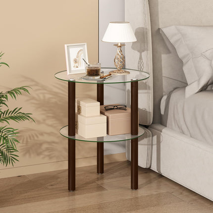 Dreamade Round/Square 2-Tier Sofa Side Table with Clear Tempered Glass Top & Shelf (1/2)