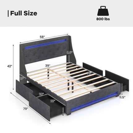 Dreamade Full Size Bed Frame with LED Lights & Charging Station, Upholstered Platform Bed with Wingback Headboard