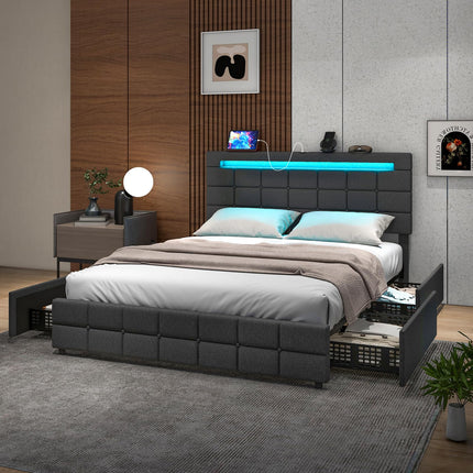Dreamade Full/Twin Size Bed Frame with LED Lights and 4 Drawers