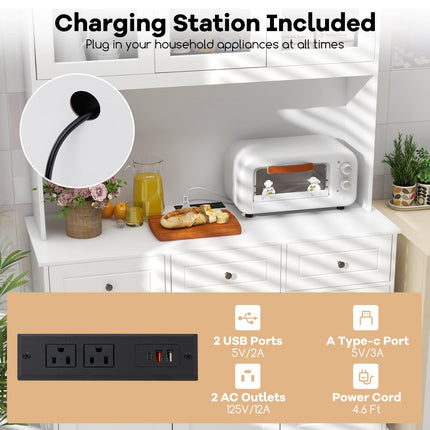 Dreamade Pantry Cabinet, 77” Tall Buffet Cabinet with Hutch, LED Lights & Charging Station