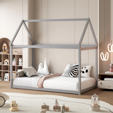 Dreamade Twin House Bed, Wood Montessori Bed Frame with House Roof Canopy