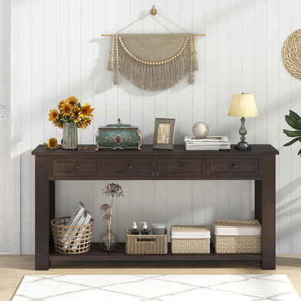 Dreamade 63" Farmhouse Entryway Table, Narrow Console Table w/ 4 Storage Drawers & Open Shelf