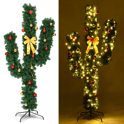 Dreamade Pre-Lit Artificial Cactus Christmas Tree with LED Lights and Ball Ornaments - DreamadeUS