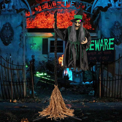 Dreamade Witch with Broomstick Halloween Animatronic, Life Size Animated Halloween Prop with Laughing and Screaming Sound