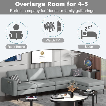 Dreamade 4 Seat Convertible Sofa Couch, 123" L Sectional Sleeper with 2 or 1 USB Ports Socket
