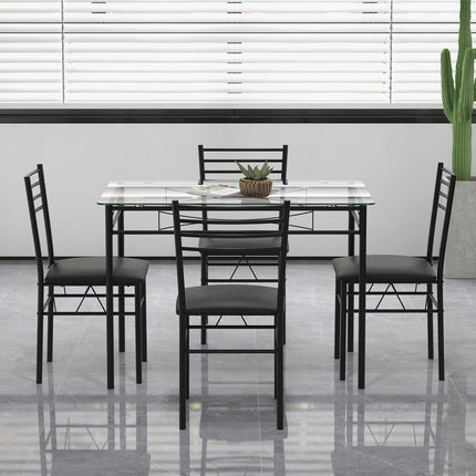 Dreamade 5 Piece Dining Table Set, Kitchen Dining Set with Tempered Glass Table Top and 4 Upholstered Chairs (Black)