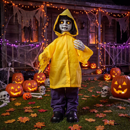 DREAMADE 30 Inch Halloween Little Yellow Raincoat Animatronic Prop Decor