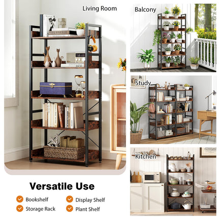 Dreamade 5 Tier Bookshelf with 4 Hooks for Living Room