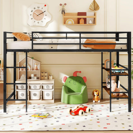 Dreamade Low Loft Bed Twin Size Heavy Duty Metal Frame w/Storage Shelves