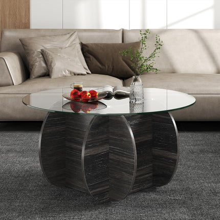 Dreamade 35" Glass Round Coffee Table with Storage Tempered Glass Top & Solid Wood Base