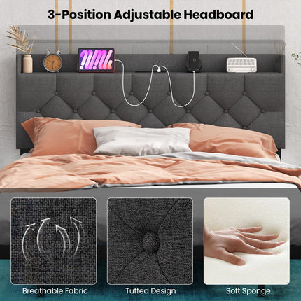 Dreamade Queen/Full Size Floating Bed Frame with LED Lights, Modern Platform Bed with Adjustable Upholstered Headboard & Charging Station