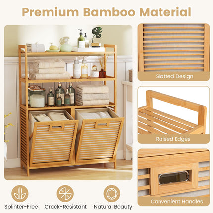 Dreamade Double Tilt Out 14 Gal Bamboo Laundry Hamper with 3-Tier Storage Shelf