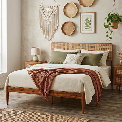 Dreamade Wooden Bed Frame Full/Twin/Queen Size with Rattan Headboard