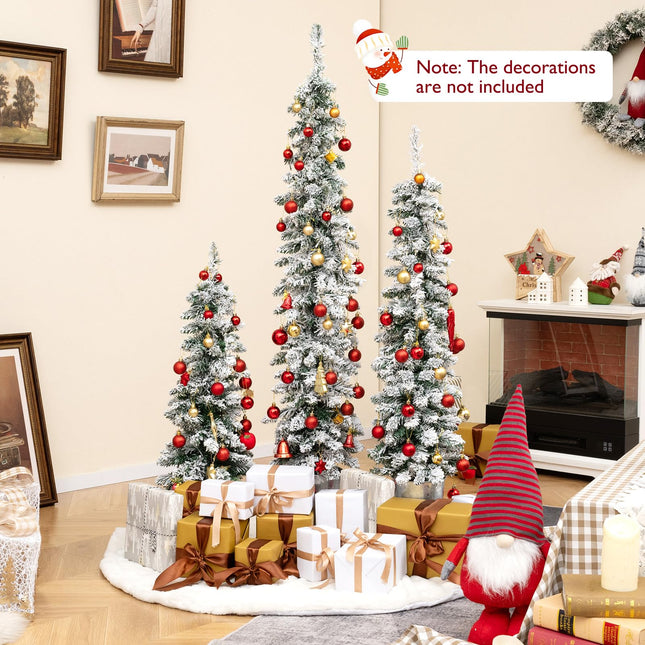 Dreamade 3' 4' 5' Pre-Lit Snow Flocked Christmas Tree Set of 3, Slim Pencil Artificial Potted Xmas Trees with 423 Branch Tips