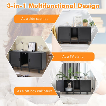 Dreamade Cat Litter Box Enclosure - Cat Washroom Hidden Furniture with 2 Storage Cabinets