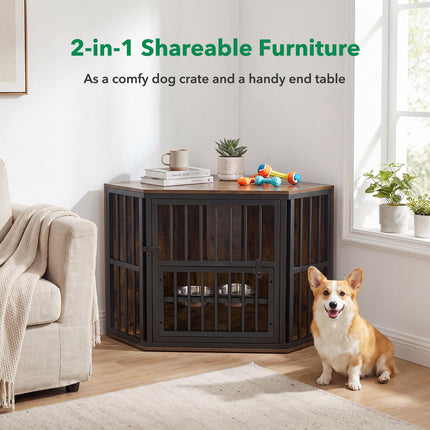 Dreamade Corner Dog Crate Furniture with Adjustable & Reversible Elevated Feeder