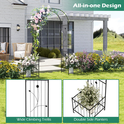 Dreamade Garden Arch Trellis with Planters, 86'' Metal Arbor Pergola for Climbing Plants Rose Clematis Vines