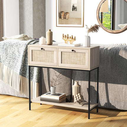Dreamade Console Table with Rattan Drawers - 31.5" Entryway Table w/ 2 Drawers & Open Storage Shelf