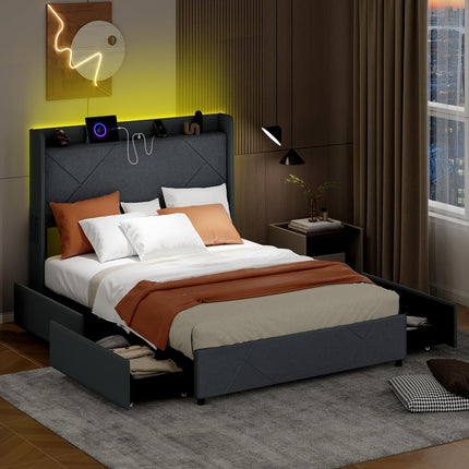 Dreamade Full/Queen Size Bed Frame with 4 Storage Drawers & LED Lights, Headboard & Charging Station, Wooden Slats, Easy Assembly, Grey
