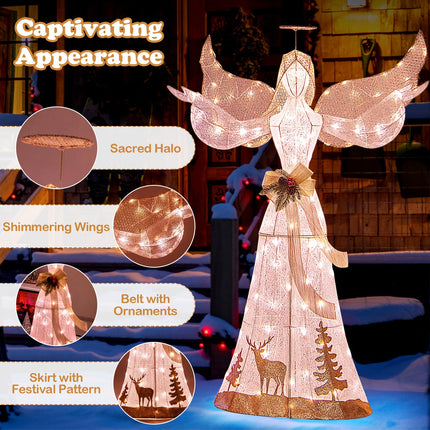 Dreamade Pre-lit 3D Glittered Angel with 100 Warm White Lights Halo Bow Ground Stakes