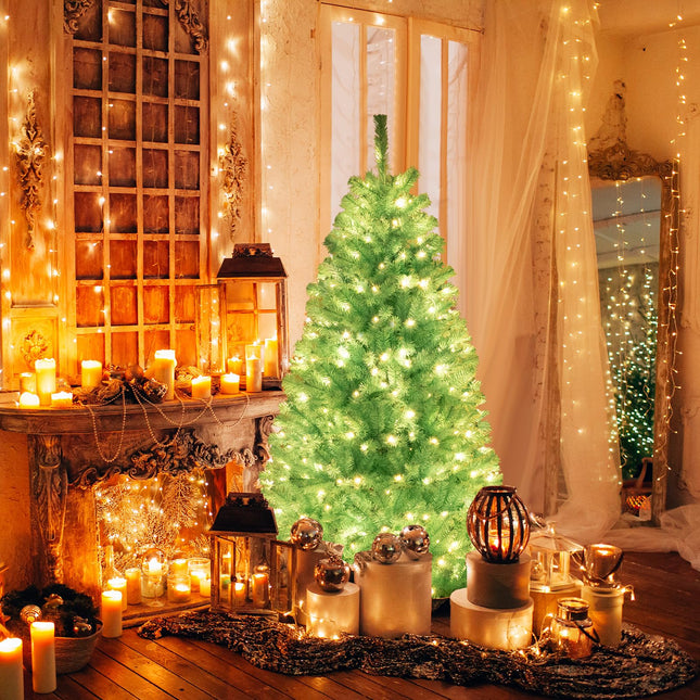 Dreamade 6/7 FT Blue Pre-Lit Christmas Tree, Artificial Hinged Xmas Full Tree with 280/380 Warm White LED Lights
